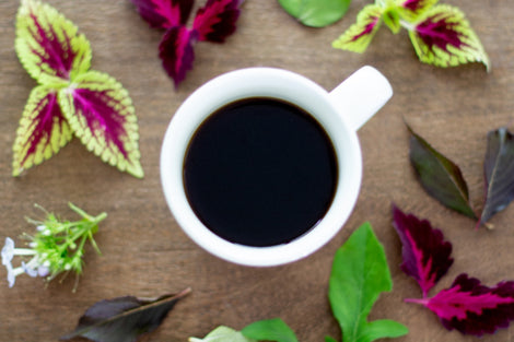 Top down photo of a mug of coffee surrounded by leaves.