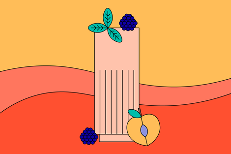 Illustration of the coffee drink in a tall glass with basil, blackberries, and a peach.