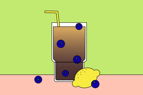 Illustrated interpretation of the Spring Coffee Punch. It's in a tall glass with a straw and there are blueberries and a lemon.