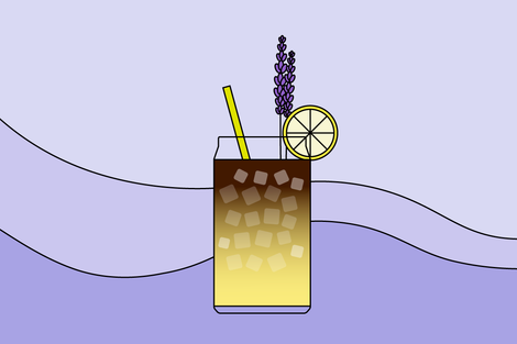 Illustration of the coffee arnold palmer. There are ice cubes in the drink, a straw, and lavender and lemon as garnish.
