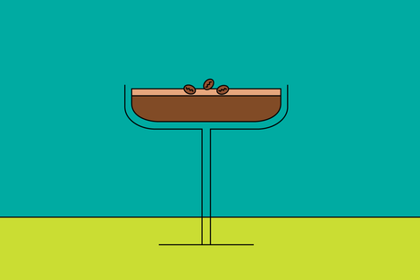 Illustration of a caramel espresso martini in a thin coupe / martini glass.
