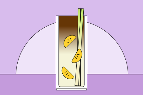 Illustration of an espresso tonic in a tall glass with lemongrass in it and mandarin oranges floating..
