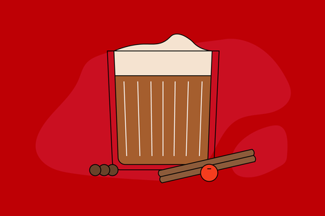 Illustration of the Winter Berry Coffee Cocktail in a glass with a whipped foam on top and a cinnamon stick next to it.