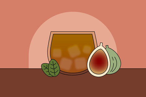 Illustration of a glass of the Fancy Fig coffee with ice cubes and a fig next to it.