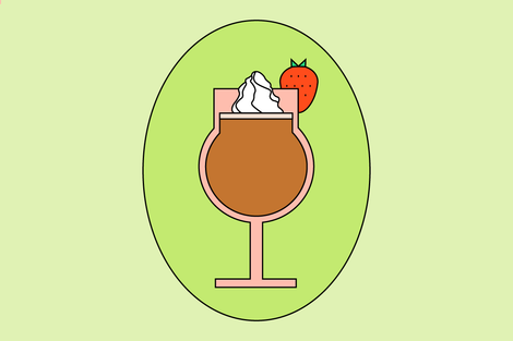 Illustration of the Strawberry Shortcake Coffee drink. It is a tall glass with whipped cream and a strawberry on top.