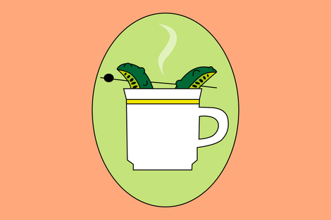 Illustration of a mug of hot coffee with two pickles in it